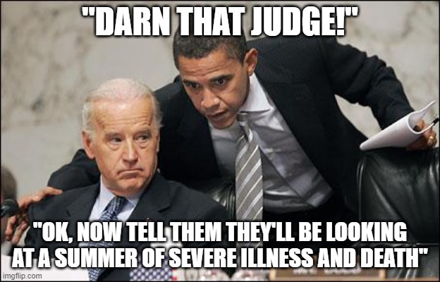 Judge drops Mask Mandate | "DARN THAT JUDGE!"; "OK, NOW TELL THEM THEY'LL BE LOOKING AT A SUMMER OF SEVERE ILLNESS AND DEATH" | image tagged in obama coaches biden,mask mandate,airplanes,biden,joe biden | made w/ Imgflip meme maker