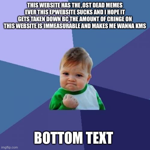 Success Kid Meme | THIS WEBSITE HAS THE ,OST DEAD MEMES EVER THIS EPWEBSITE SUCKS AND I HOPE IT GETS TAKEN DOWN BC THE AMOUNT OF CRINGE ON THIS WEBSITE IS IMMEASURABLE AND MAKES ME WANNA KMS; BOTTOM TEXT | image tagged in memes,success kid | made w/ Imgflip meme maker
