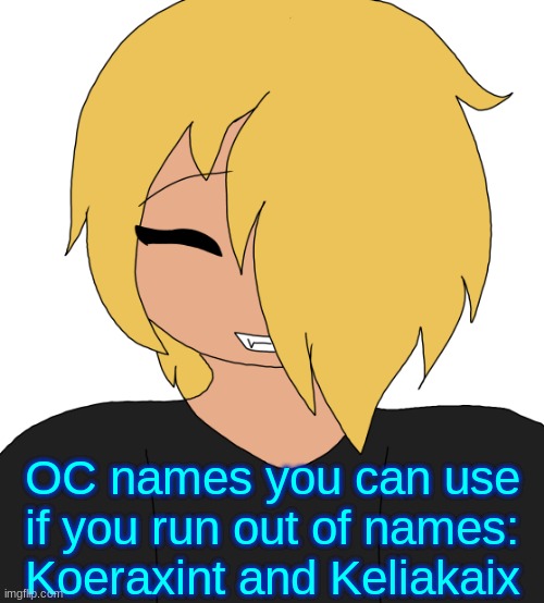 Spire smiling | OC names you can use if you run out of names:
Koeraxint and Keliakaix | image tagged in spire smiling | made w/ Imgflip meme maker