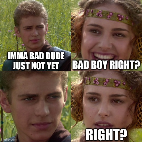 Anakin Padme 4 Panel | IMMA BAD DUDE JUST NOT YET; BAD BOY RIGHT? RIGHT? | image tagged in anakin padme 4 panel | made w/ Imgflip meme maker