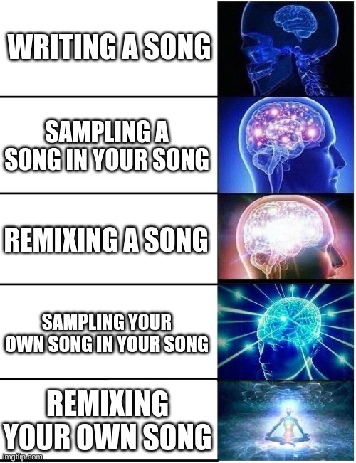 Expanding Brain 5 Panel | WRITING A SONG; SAMPLING A SONG IN YOUR SONG; REMIXING A SONG; SAMPLING YOUR OWN SONG IN YOUR SONG; REMIXING YOUR OWN SONG | image tagged in expanding brain 5 panel | made w/ Imgflip meme maker