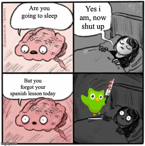 Duolingo in a nutshell | Yes i am, now shut up; Are you going to sleep; But you forgot your spanish lesson today | image tagged in brain before sleep,memes,duolingo | made w/ Imgflip meme maker