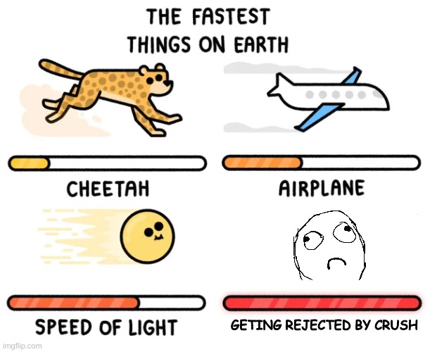 the fastest things on earth | GETING REJECTED BY CRUSH | image tagged in the fastest things on earth | made w/ Imgflip meme maker