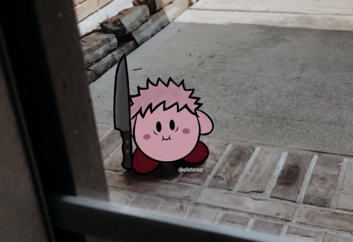 Itadori as kirby with a knife by your window from jujutsu kaisen Blank Meme Template