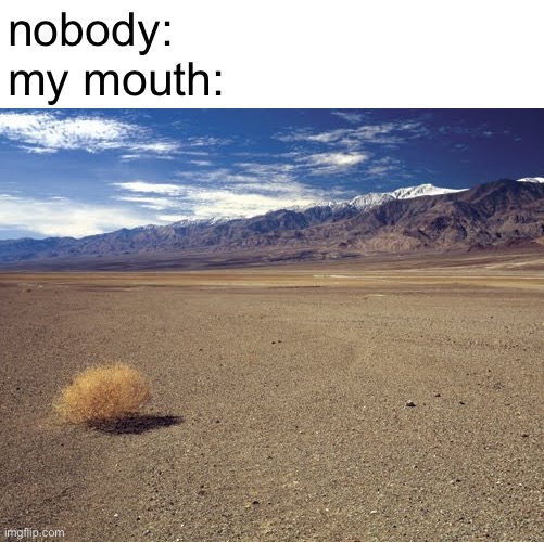 drought 100 |  nobody:
my mouth: | image tagged in desert tumbleweed,desert,dry,drought | made w/ Imgflip meme maker