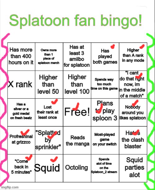 Certified not video game addict, yay for me. | image tagged in splatoon bingo | made w/ Imgflip meme maker