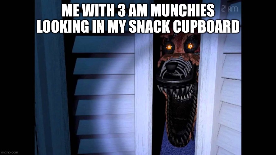 Munchies | ME WITH 3 AM MUNCHIES LOOKING IN MY SNACK CUPBOARD | image tagged in foxy fnaf 4 | made w/ Imgflip meme maker