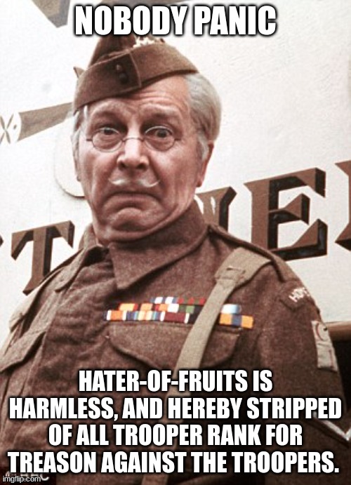 everything will be fine | NOBODY PANIC; HATER-OF-FRUITS IS HARMLESS, AND HEREBY STRIPPED OF ALL TROOPER RANK FOR TREASON AGAINST THE TROOPERS. | image tagged in don't panic | made w/ Imgflip meme maker