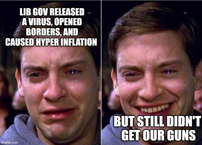 Peter Parker Sad Cry Happy cry | LIB GOV RELEASED A VIRUS, OPENED BORDERS, AND CAUSED HYPER INFLATION; BUT STILL DIDN'T
 GET OUR GUNS | image tagged in peter parker sad cry happy cry | made w/ Imgflip meme maker