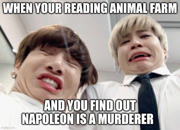 BTs and animal farm | WHEN YOUR READING ANIMAL FARM; AND YOU FIND OUT NAPOLEON IS A MURDERER | image tagged in bts | made w/ Imgflip meme maker