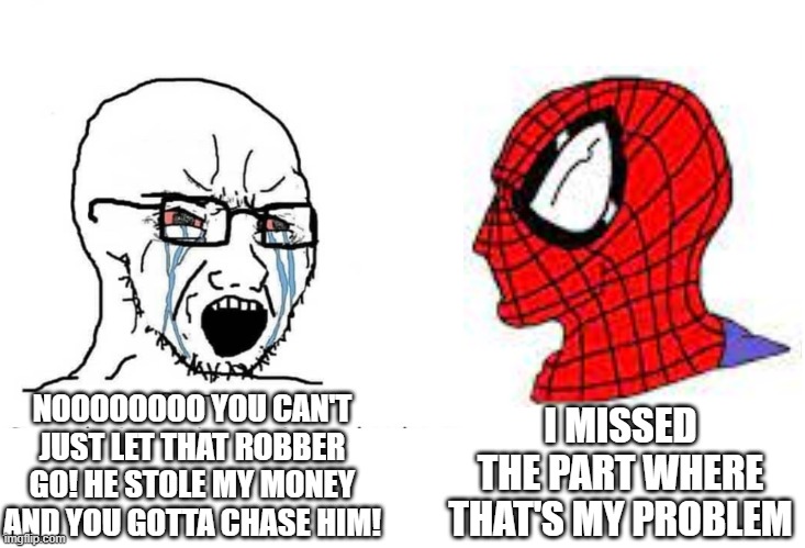 (that spidey picture belong to @spidey.arts.no.jojoke, not me) | I MISSED THE PART WHERE THAT'S MY PROBLEM; NOOOOOOOO YOU CAN'T JUST LET THAT ROBBER GO! HE STOLE MY MONEY AND YOU GOTTA CHASE HIM! | image tagged in soyboy vs yes chad,spiderman,spider man | made w/ Imgflip meme maker