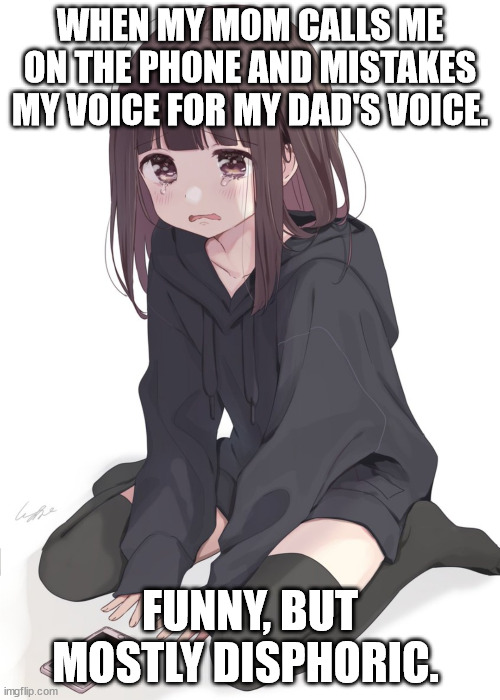 mom thought that I was dad | WHEN MY MOM CALLS ME ON THE PHONE AND MISTAKES MY VOICE FOR MY DAD'S VOICE. FUNNY, BUT MOSTLY DISPHORIC. | image tagged in sad anime girl | made w/ Imgflip meme maker