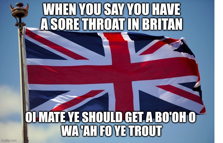 British Flag | WHEN YOU SAY YOU HAVE A SORE THROAT IN BRITAN; OI MATE YE SHOULD GET A BO'OH O 
WA 'AH FO YE TROUT | image tagged in british flag | made w/ Imgflip meme maker