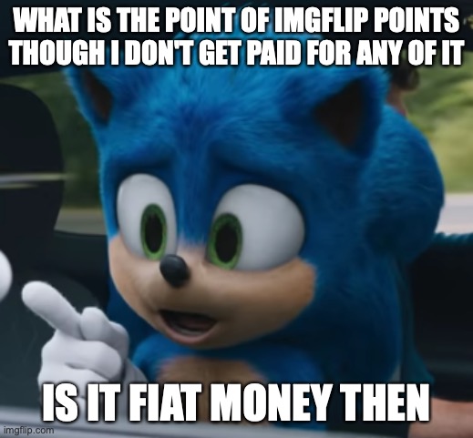 What is the point of Points on Imgflip | WHAT IS THE POINT OF IMGFLIP POINTS THOUGH I DON'T GET PAID FOR ANY OF IT; IS IT FIAT MONEY THEN | image tagged in senic point | made w/ Imgflip meme maker