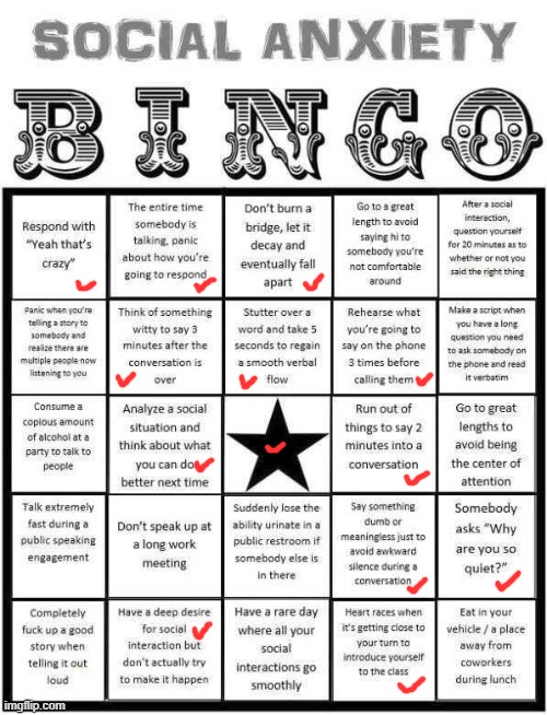 Social Anxiety Bingo | image tagged in social anxiety bingo | made w/ Imgflip meme maker