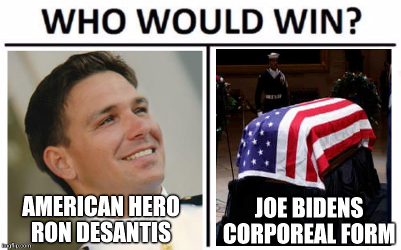 You laugh, but the race will be really close. | AMERICAN HERO RON DESANTIS; JOE BIDENS CORPOREAL FORM | image tagged in memes,who would win | made w/ Imgflip meme maker