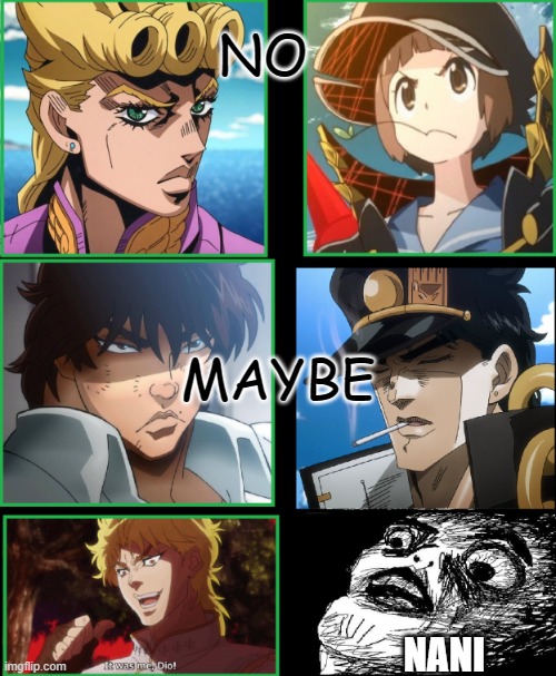 What! | NO; MAYBE; NANI | image tagged in jojo impotser template | made w/ Imgflip meme maker