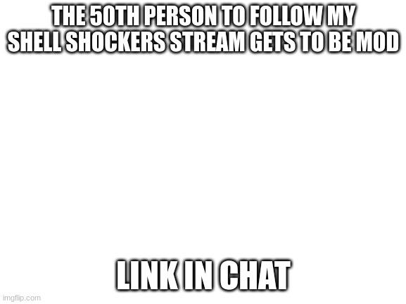 plz go follow | THE 50TH PERSON TO FOLLOW MY SHELL SHOCKERS STREAM GETS TO BE MOD; LINK IN CHAT | image tagged in blank white template | made w/ Imgflip meme maker