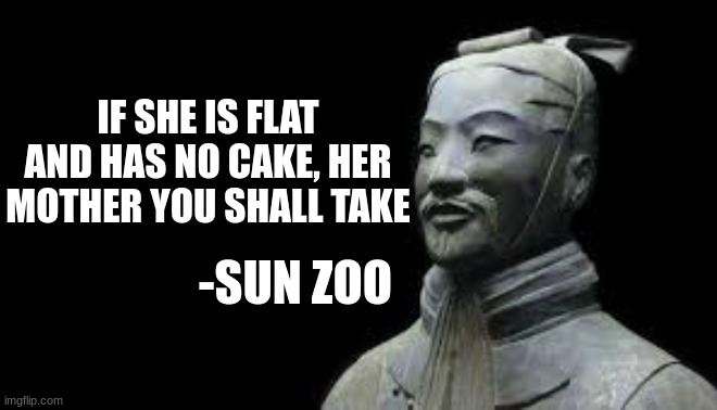 the wise Sun Zoo | IF SHE IS FLAT AND HAS NO CAKE, HER MOTHER YOU SHALL TAKE; -SUN ZOO | image tagged in sun zoo | made w/ Imgflip meme maker