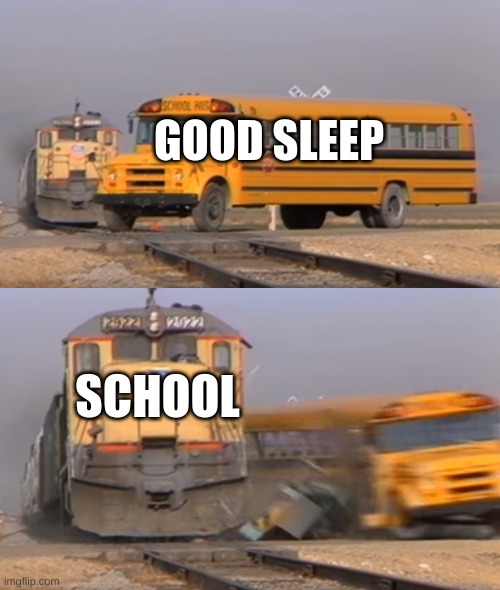 A train hitting a school bus | GOOD SLEEP; SCHOOL | image tagged in a train hitting a school bus | made w/ Imgflip meme maker