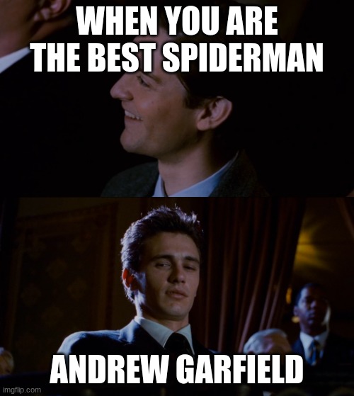 James Franco Staring at Tobey Maguire | WHEN YOU ARE THE BEST SPIDERMAN; ANDREW GARFIELD | image tagged in james franco staring at tobey maguire | made w/ Imgflip meme maker