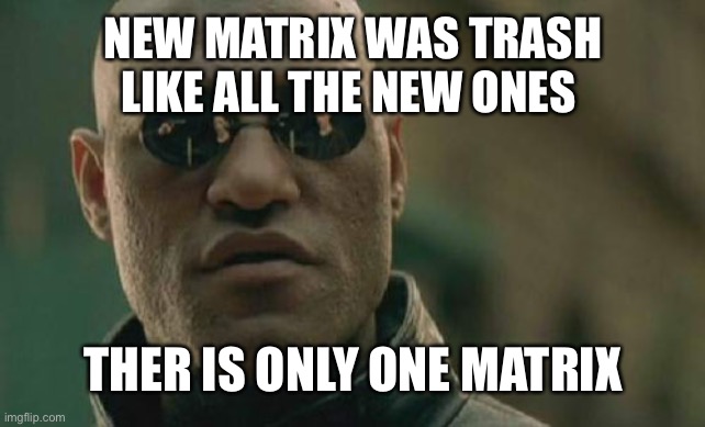 Matrix Morpheus Meme | NEW MATRIX WAS TRASH LIKE ALL THE NEW ONES; THER IS ONLY ONE MATRIX | image tagged in memes,matrix morpheus | made w/ Imgflip meme maker