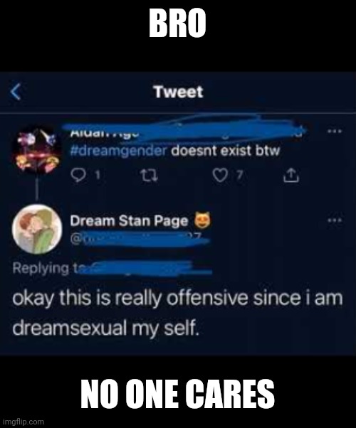 Dreamsexual | BRO; NO ONE CARES | image tagged in dreamsexual | made w/ Imgflip meme maker