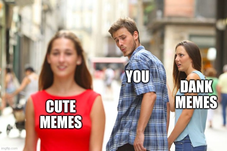 you | YOU; DANK MEMES; CUTE MEMES | image tagged in memes,distracted boyfriend | made w/ Imgflip meme maker