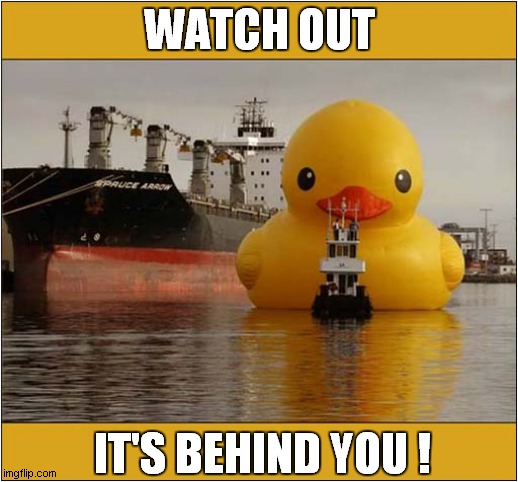 Beware Of The Giant Rubber Duck | WATCH OUT; IT'S BEHIND YOU ! | image tagged in fun,beware,rubber ducks,watch out | made w/ Imgflip meme maker