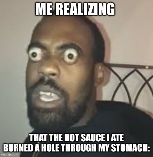 Me when | ME REALIZING; THAT THE HOT SAUCE I ATE BURNED A HOLE THROUGH MY STOMACH: | image tagged in funny | made w/ Imgflip meme maker
