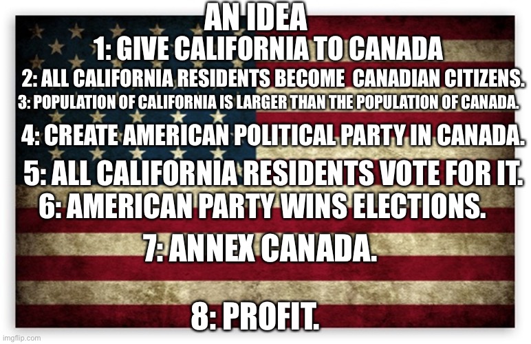This is Based on the Turkish meme. |  AN IDEA; 1: GIVE CALIFORNIA TO CANADA; 2: ALL CALIFORNIA RESIDENTS BECOME  CANADIAN CITIZENS. 3: POPULATION OF CALIFORNIA IS LARGER THAN THE POPULATION OF CANADA. 4: CREATE AMERICAN POLITICAL PARTY IN CANADA. 5: ALL CALIFORNIA RESIDENTS VOTE FOR IT. 6: AMERICAN PARTY WINS ELECTIONS. 7: ANNEX CANADA. 8: PROFIT. | image tagged in united states,usa,california,canada,democracy,turkey | made w/ Imgflip meme maker