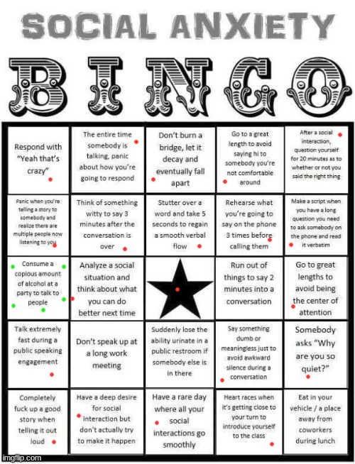 Social Anxiety Bingo | image tagged in social anxiety bingo | made w/ Imgflip meme maker