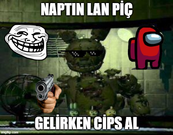 FNAF Springtrap in window | NAPTIN LAN PİÇ; GELİRKEN CİPS AL | image tagged in fnaf springtrap in window | made w/ Imgflip meme maker