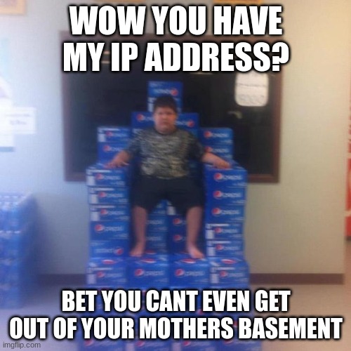 Im so scared |  WOW YOU HAVE MY IP ADDRESS? BET YOU CANT EVEN GET OUT OF YOUR MOTHERS BASEMENT | image tagged in your politics bore me no message,memes,ip address | made w/ Imgflip meme maker
