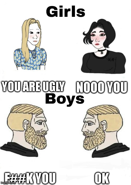 ok | YOU ARE UGLY; NOOO YOU; OK; F##K YOU | image tagged in girls vs boys | made w/ Imgflip meme maker