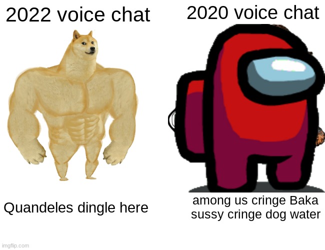 vc chat | 2020 voice chat; 2022 voice chat; Quandeles dingle here; among us cringe Baka sussy cringe dog water | image tagged in memes,buff doge vs cheems | made w/ Imgflip meme maker