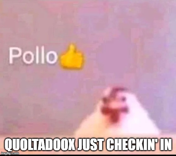 (all is well) | QUOLTADOOX JUST CHECKIN' IN | image tagged in pollo | made w/ Imgflip meme maker