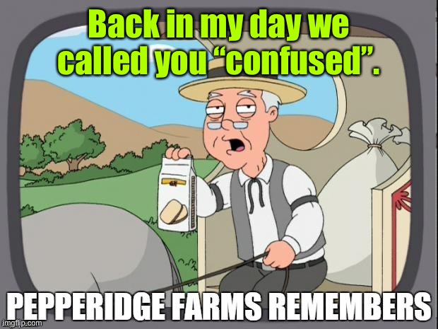 PEPPERIDGE FARMS REMEMBERS | Back in my day we called you “confused”. | image tagged in pepperidge farms remembers | made w/ Imgflip meme maker