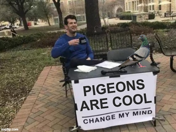 pigeons | PIGEONS ARE COOL | image tagged in memes,change my mind,pigeons | made w/ Imgflip meme maker