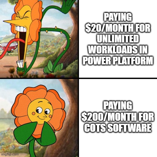 angry flower | PAYING $20/MONTH FOR UNLIMITED WORKLOADS IN POWER PLATFORM; PAYING $200/MONTH FOR COTS SOFTWARE | image tagged in angry flower | made w/ Imgflip meme maker