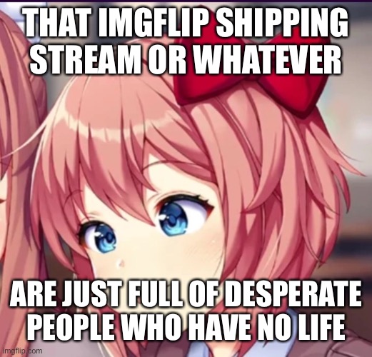 and have no courage to talk to anyone | THAT IMGFLIP SHIPPING STREAM OR WHATEVER; ARE JUST FULL OF DESPERATE PEOPLE WHO HAVE NO LIFE | image tagged in sayori cute moron | made w/ Imgflip meme maker