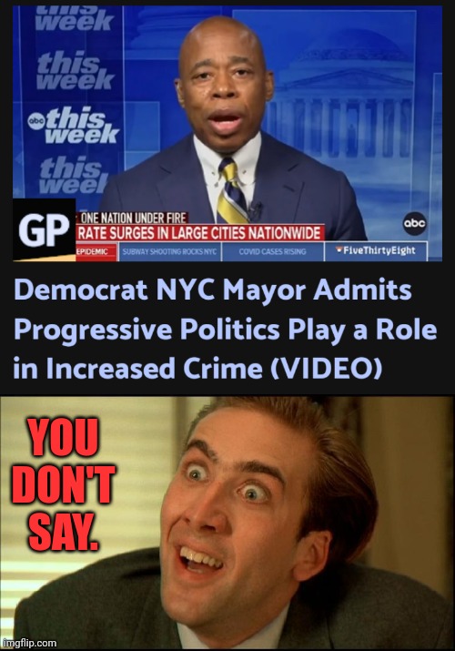 The New York Mayor Says | YOU DON'T SAY. | image tagged in you don't say - nicholas cage,new years,new york,leftists,crime | made w/ Imgflip meme maker