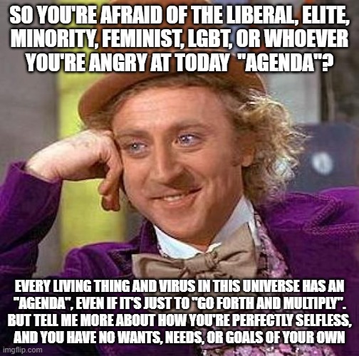 For Lost Souls Who Don't Even Know What Their Own Agenda Is In Life | SO YOU'RE AFRAID OF THE LIBERAL, ELITE,
MINORITY, FEMINIST, LGBT, OR WHOEVER
YOU'RE ANGRY AT TODAY  "AGENDA"? EVERY LIVING THING AND VIRUS IN THIS UNIVERSE HAS AN
"AGENDA", EVEN IF IT'S JUST TO "GO FORTH AND MULTIPLY".
BUT TELL ME MORE ABOUT HOW YOU'RE PERFECTLY SELFLESS,
AND YOU HAVE NO WANTS, NEEDS, OR GOALS OF YOUR OWN | image tagged in memes,creepy condescending wonka,agenda,what am i doing with my life,why am i doing this,you're doing it wrong | made w/ Imgflip meme maker