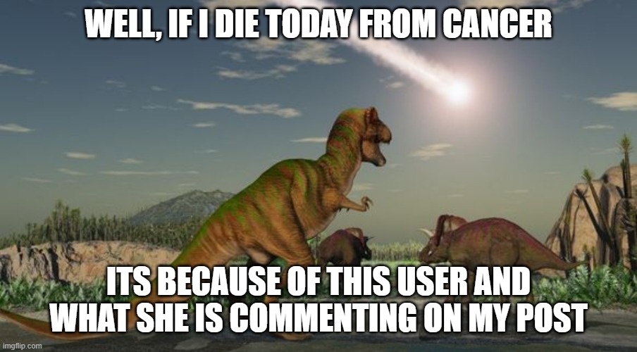 She is so annoying and a triggered snowflake | WELL, IF I DIE TODAY FROM CANCER; ITS BECAUSE OF THIS USER AND WHAT SHE IS COMMENTING ON MY POST | image tagged in dinosaurs meteor | made w/ Imgflip meme maker