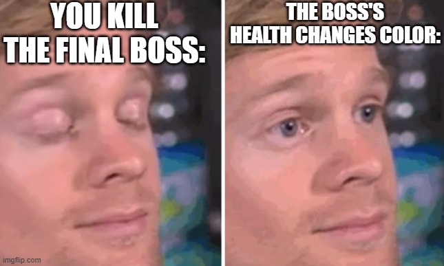 . | YOU KILL THE FINAL BOSS:; THE BOSS'S HEALTH CHANGES COLOR: | image tagged in white guy blinking | made w/ Imgflip meme maker