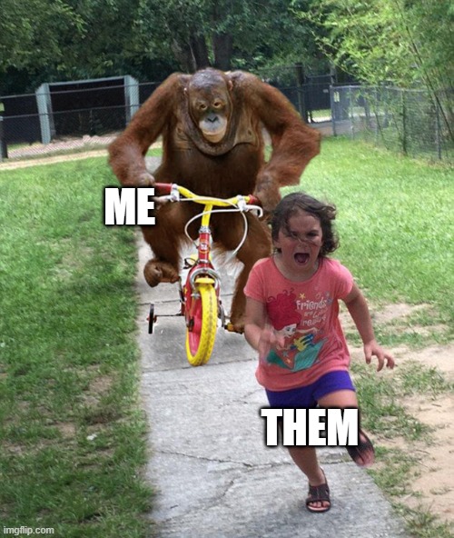 Orangutan chasing girl on a tricycle | ME; THEM | image tagged in orangutan chasing girl on a tricycle | made w/ Imgflip meme maker