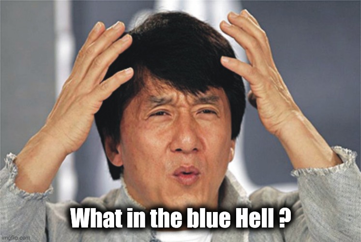 Jackie Chan Confused | What in the blue Hell ? | image tagged in jackie chan confused | made w/ Imgflip meme maker