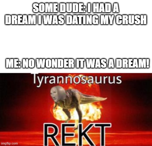 Tyrannosaurus REKT | SOME DUDE: I HAD A DREAM I WAS DATING MY CRUSH; ME: NO WONDER IT WAS A DREAM! | image tagged in tyrannosaurus rekt | made w/ Imgflip meme maker