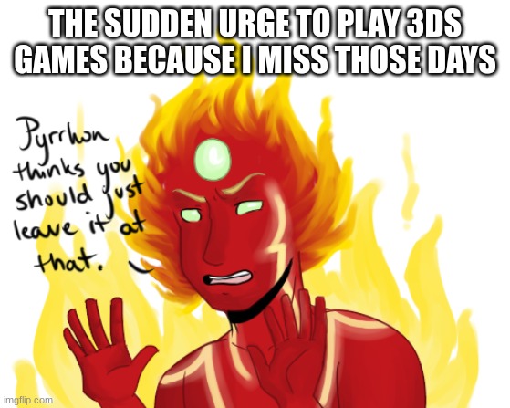 Pyrrhon thinks you should just leave it at that. | THE SUDDEN URGE TO PLAY 3DS GAMES BECAUSE I MISS THOSE DAYS | image tagged in pyrrhon thinks you should just leave it at that | made w/ Imgflip meme maker