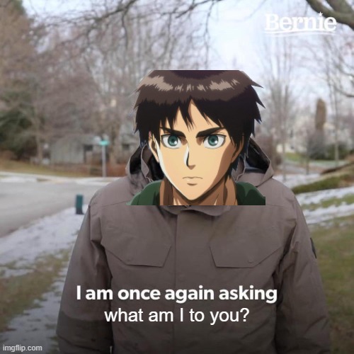 Bernie I Am Once Again Asking For Your Support | what am I to you? | image tagged in memes,bernie i am once again asking for your support,anime,aot | made w/ Imgflip meme maker
